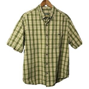 Eddie Bauer Plaid Button Up Shirt Large Green Brown Short Sleeve Cotton Heritage